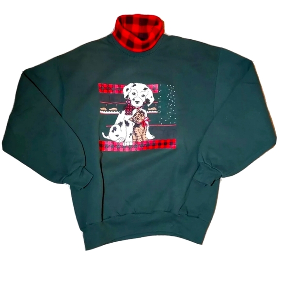 Vintage 90s Gopher Sport Dalmatian Dog Cat Plaid Collar Sweatshirt Large Winter - Picture 1 of 12